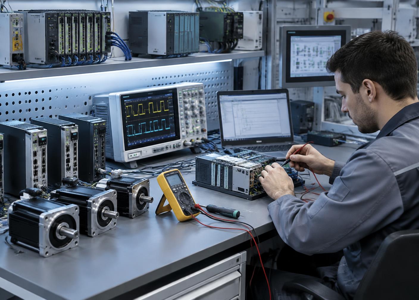 Engineer testing servo drives and PLC modules on an electronics bench