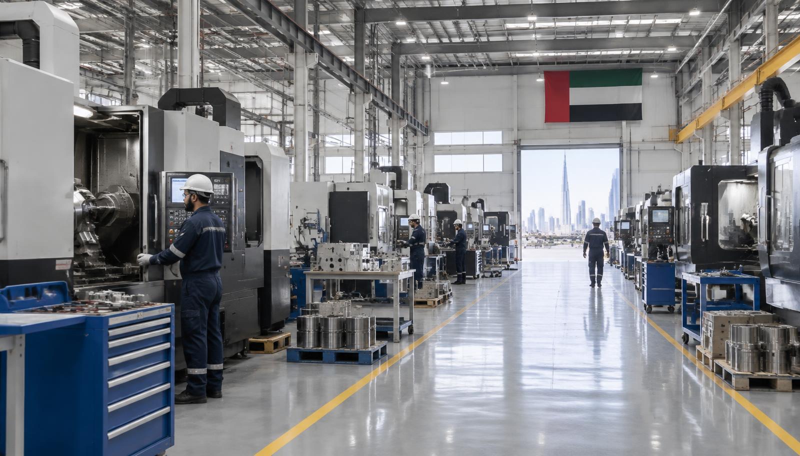 Machine shop with rows of metal-cutting machines and technicians at work
