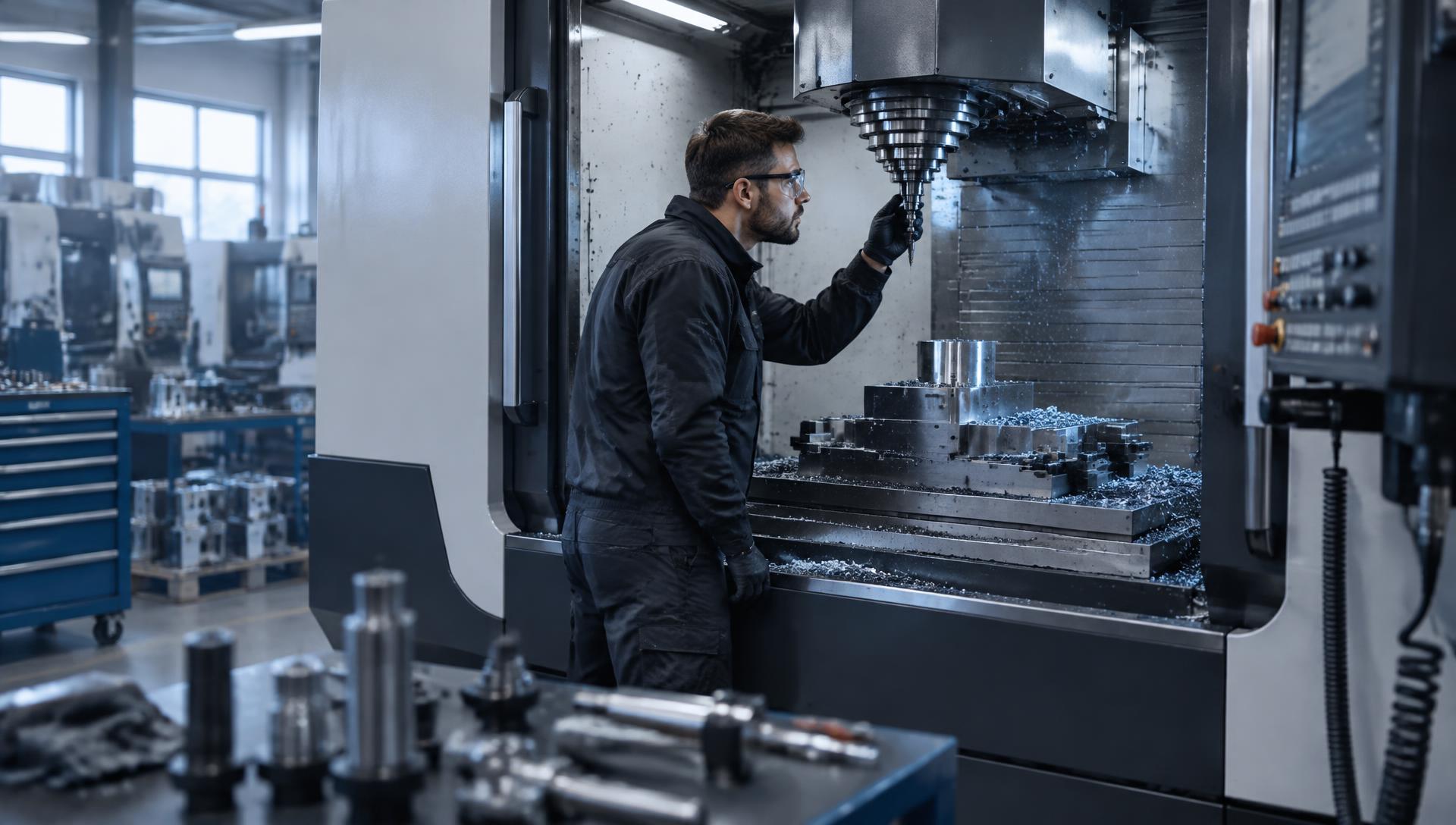 Engineer inspecting a spindle tool on a CNC machining centre