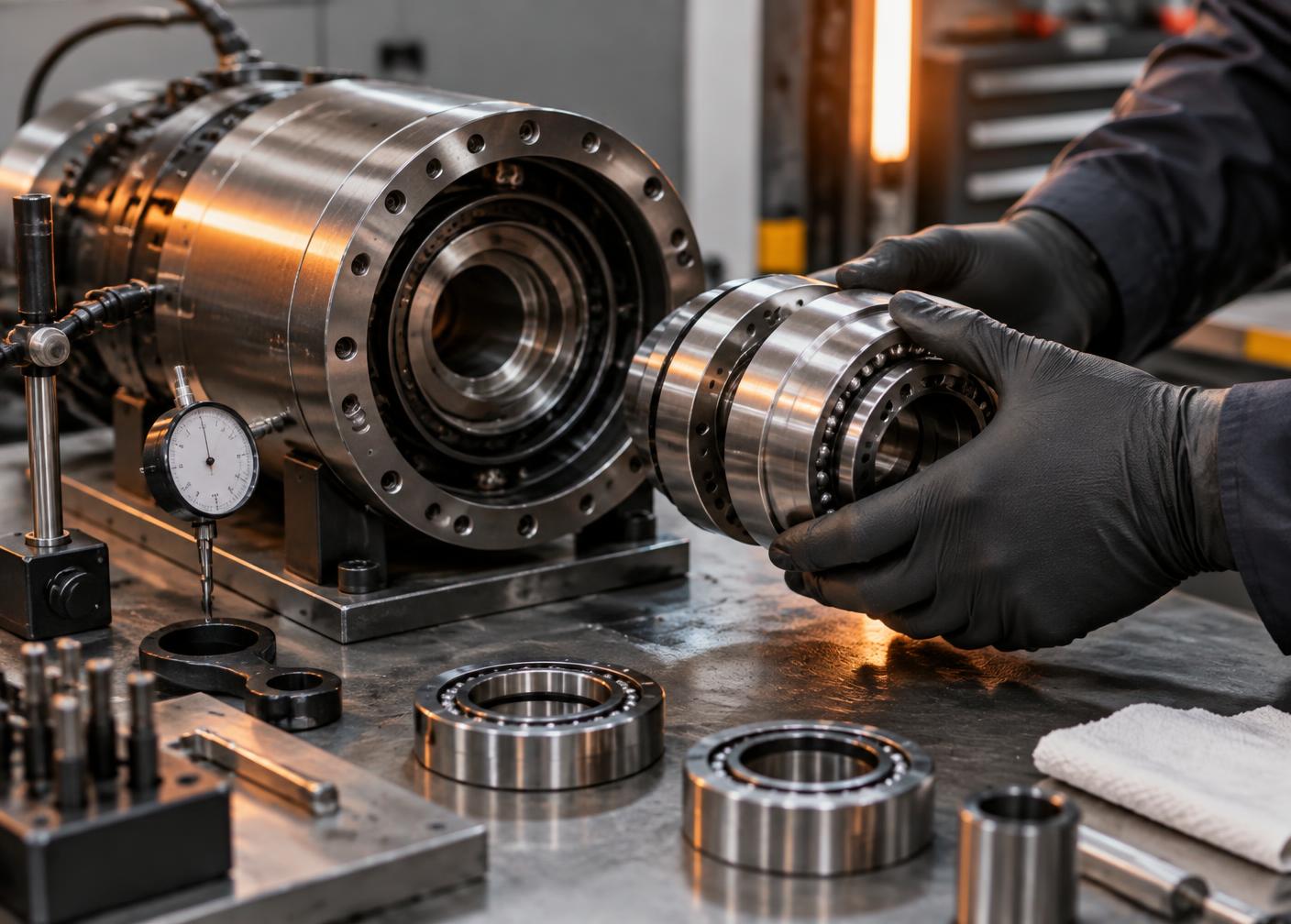 Spindle stripped for rebuilding with precision bearings on a workbench